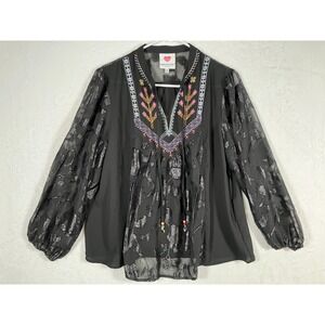 Hester & Orchard Embroidered Black Top Size Medium Peasant Shirt Hippie Boho NEW